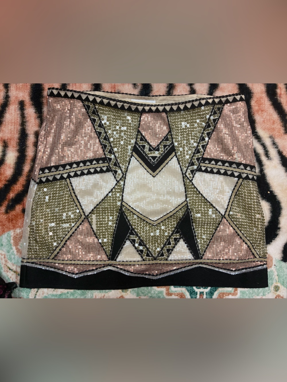 Y2K 2012 Vintage Promod Aztec Sequin Bodycon Mini Skirt NOTE COMMENT ON FIT*